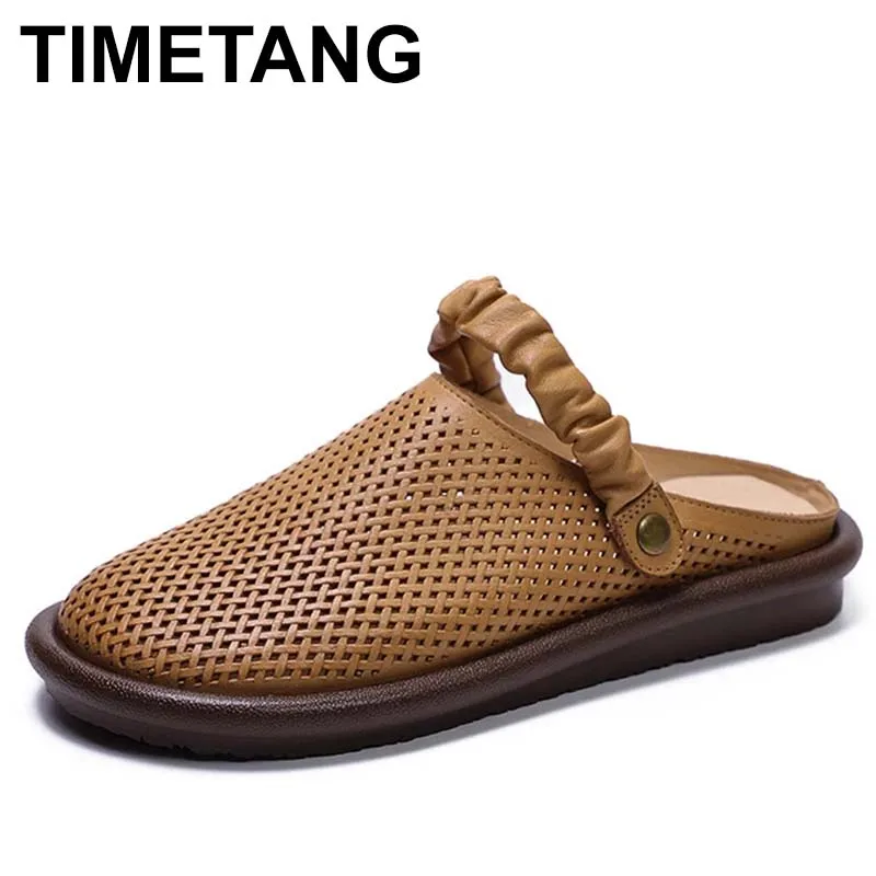

High Quality Retro Nostalgic Punching Breathable Cowhide Flat Women Sandals Summer Shoes Leather Slippers Mules Outdoor Soft