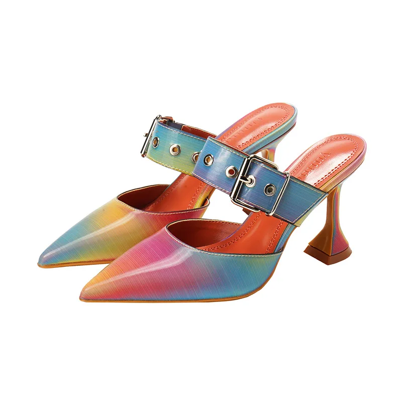

2022 8cm Summer Designer New Fashion Pointed Toe Ankle Wrap High Heels with Rivet Belt Casual Large Size Shoes for Women Sandals