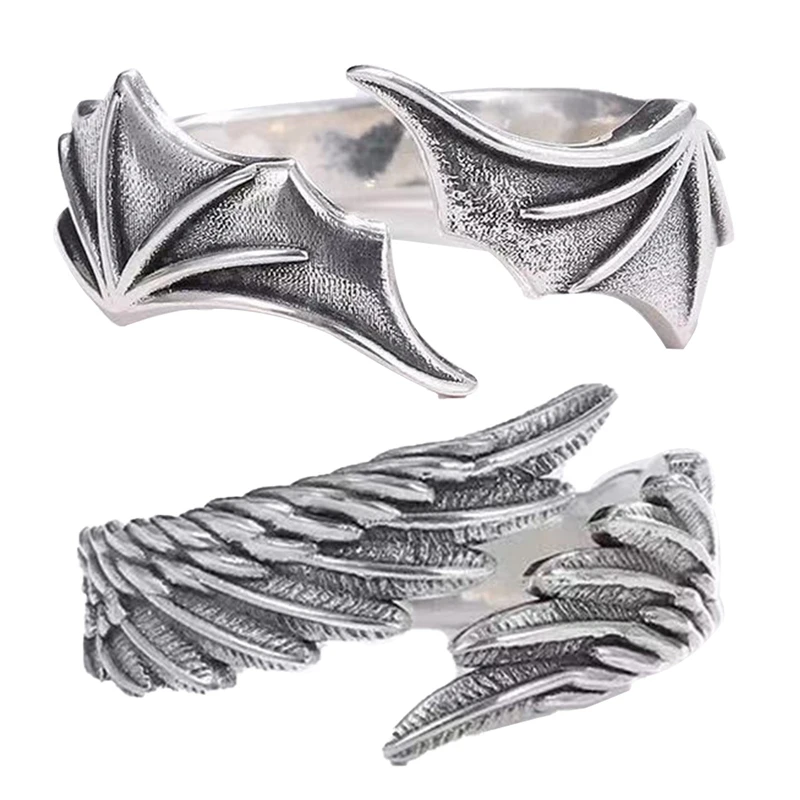 

Vintage Couple Jewelry Angel/ Devil Wings Open Adjustable Rings For Men Women Antique Silver Personality Band Banquet Party Gift