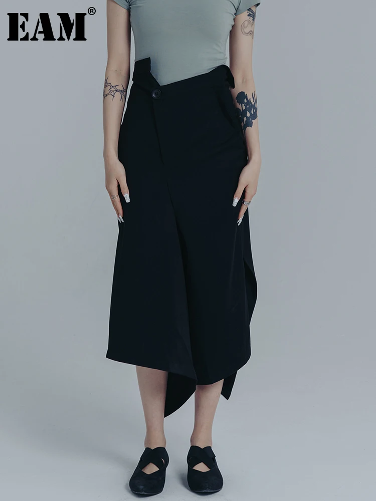 

[EAM] High Waist Black Irregular Denim Slit Long Elegant Half-body Skirt Women Fashion Tide New Spring Autumn 2023 1DE8078