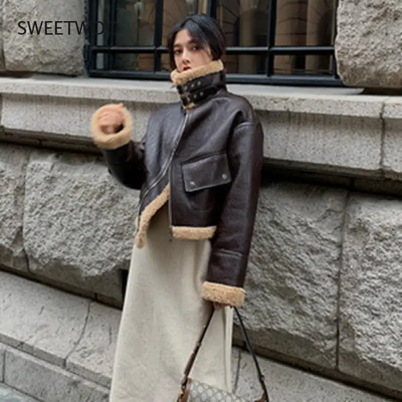 Women High Quality Black Motorcycle Jacket Thermal Padded Warm Parkas Short Design Lamb Fur Flight Coat Contracted Slim 2022