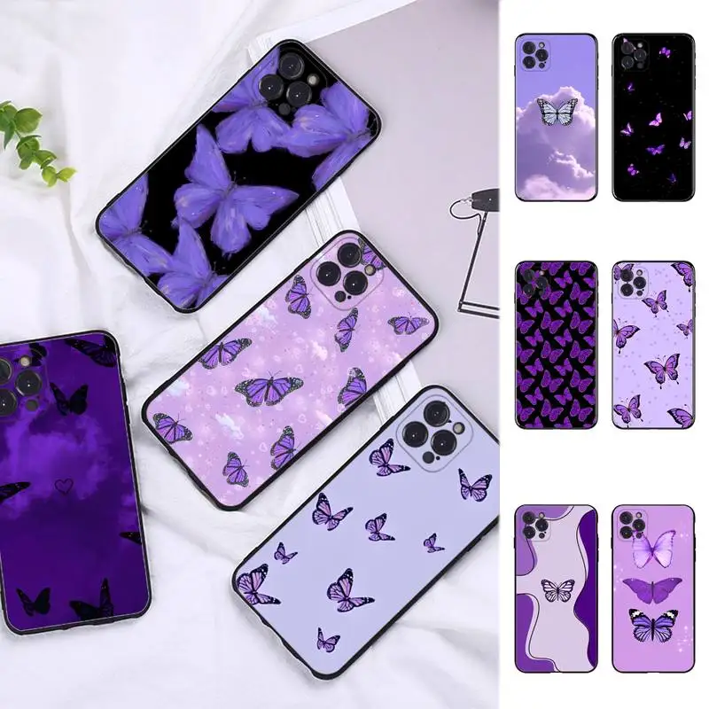 

Aesthetic Purple Butterflies Phone Case Silicone Soft For iphone 14 13 12 11 Pro Mini XS MAX 8 7 6 Plus X 2020 XR Shell