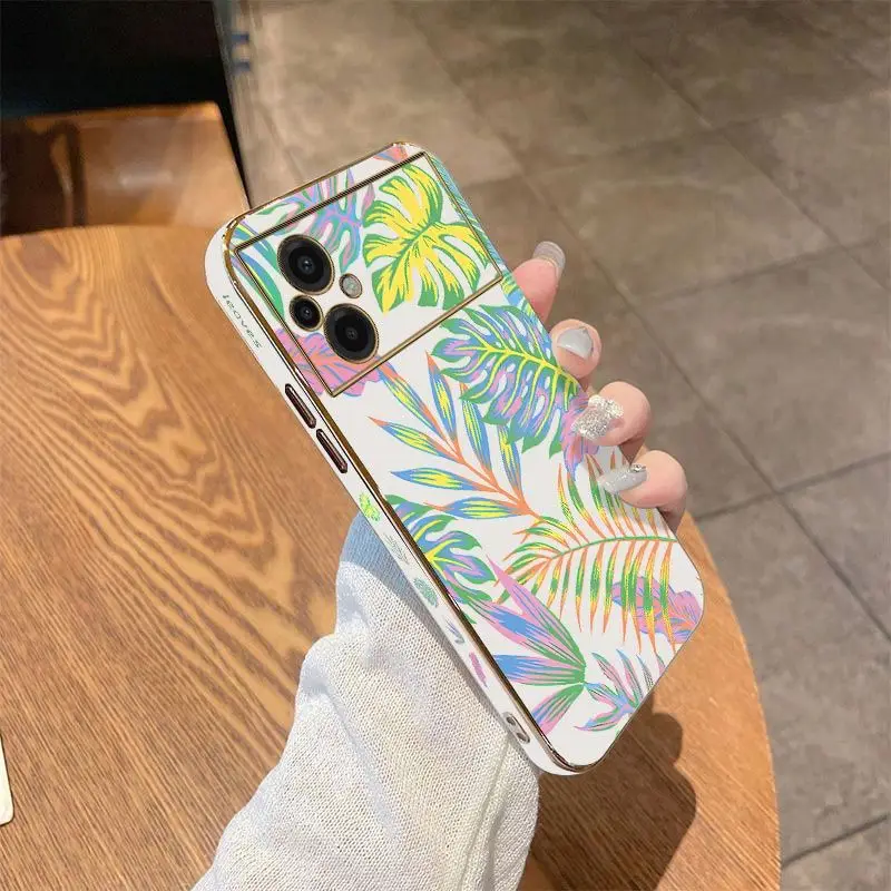 Camouflage Leaves Luxury Plating Phone Case For Xiaomi Poco M5 M4 Pro F4  X4 GT F4 GT X4F3 X3 M3 X3 NFC X2 X3 Pro C40 Cover