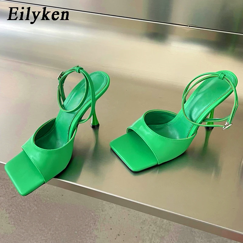 

Eilyken Green Ankle Strap Square toe Women Sandals Fashion Thin High Heel Gladiator Sandal Narrow Band Party Dress Pump Shoes