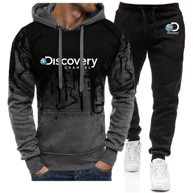 

Новинка весна-осень, стильный комплект Discovery Channel, мужские Модные уличные толстовки с капюшоном, пальто и повседневные спортивные брюки