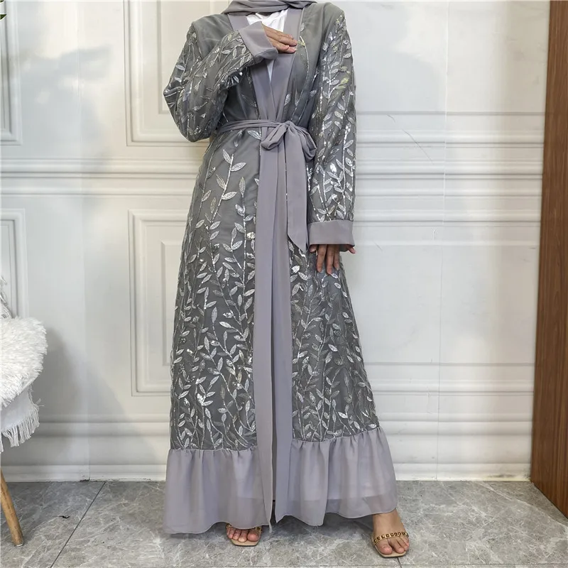 

Lace Sequin Open Abaya Dubai Turkey Muslim Woman Kimono Leaf Embroidery Eid Abayas for Women Arabic Hijab Dress Islamic Clothing