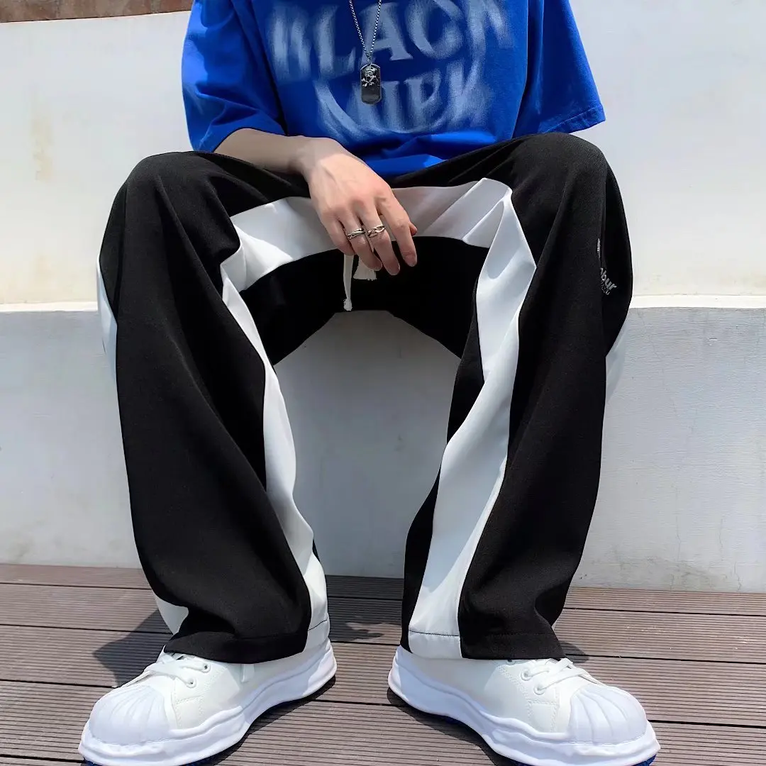 

Hong Kong style black and white color matching pants Korean high street straight casual pants summer thin trousers