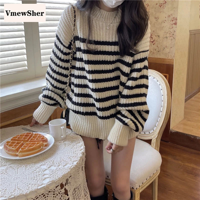 

VmewSher New Women Striped O Neck Sweater Autumn Spring Knitted Casual Warm Oversized Pullover Female Fashion Loose Jumper Tops