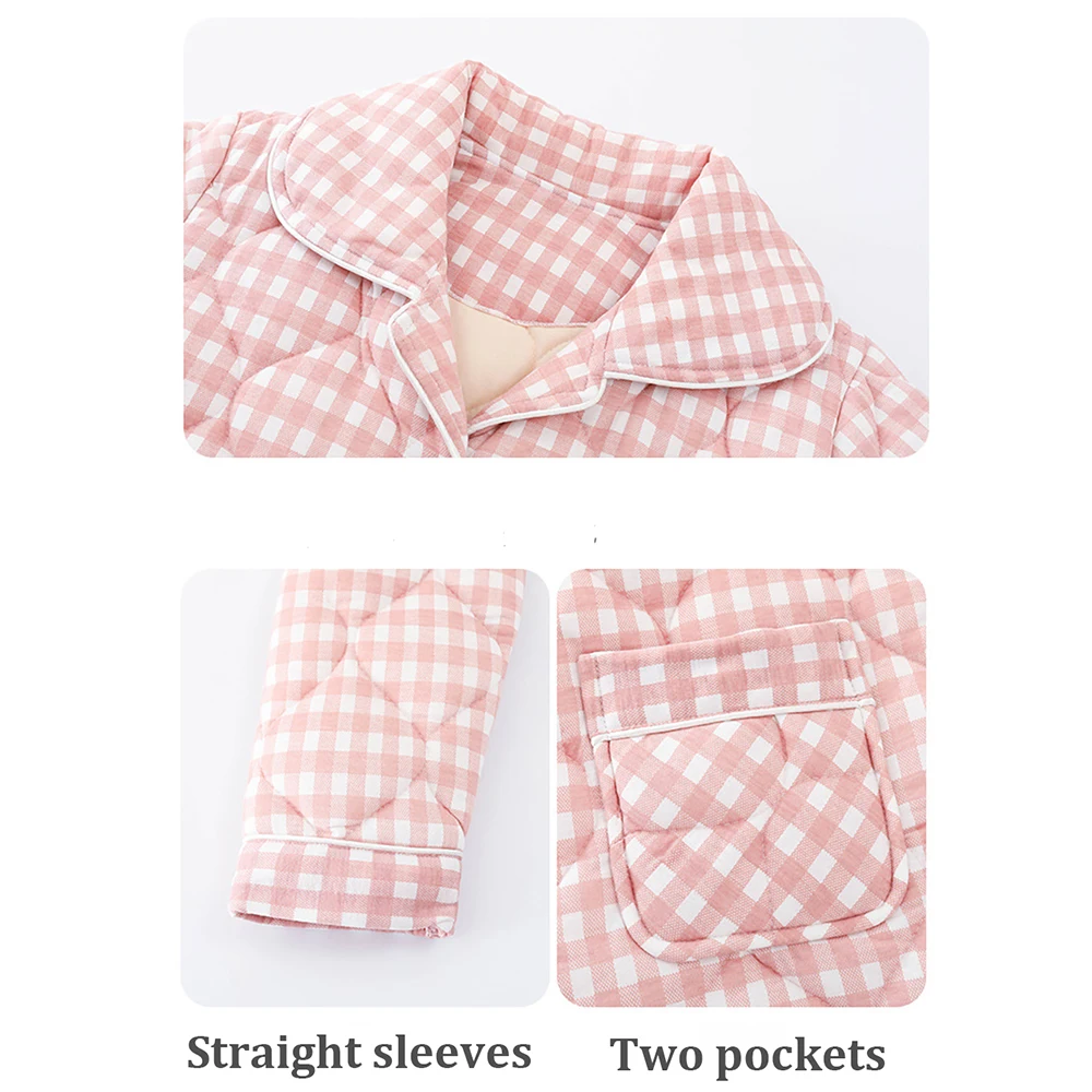 3-Layers Thicken Cotton Pajamas for Women Warm Winter Elegant Plaid Women's Pajama Sets Female Casual Elastic Waist Sleepwear