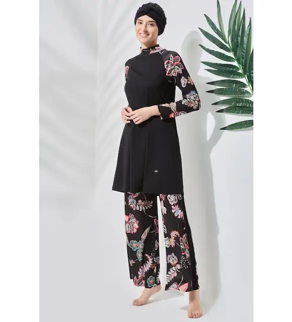 

C & City Patterned Full Closed Hijab Swimwear C11010 Black