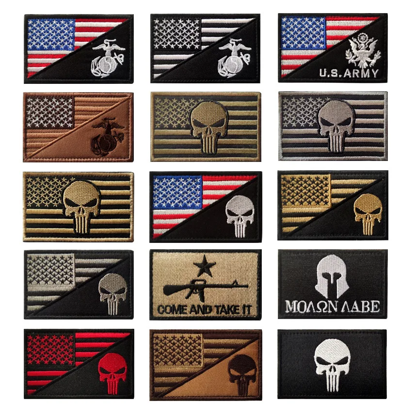 

American Flag Punisher Skull Tactical Embroidered Velcro Badge Military Logo Cloth Sticker Outdoor Bag with Sticker Clothing