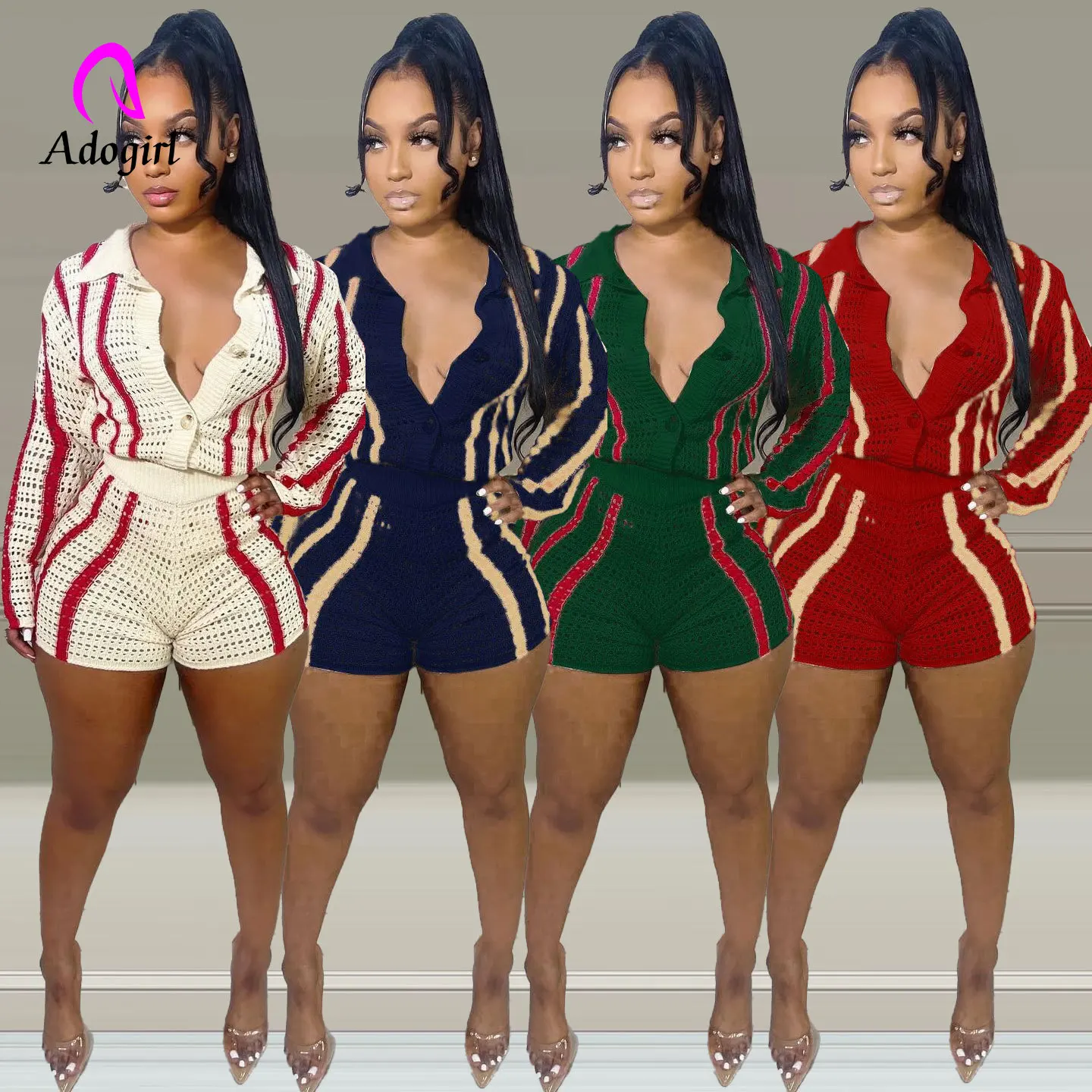 Fitness Knitted Women 2 Piece Set Long Sleeve Stripe Button Up Coat Skinny Mini Shorts Matching Set 2022 AW Streetwear Tracksuit