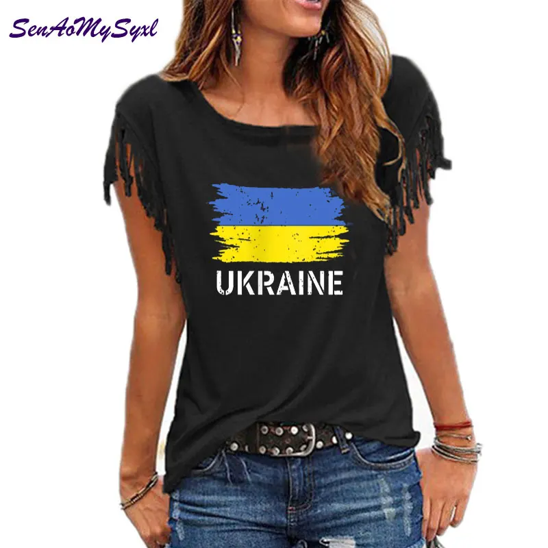 

Футболка женская с круглым вырезом, винтажный топ с принтом украинского флага, кисточками и круглым вырезом, Повседневная Уличная одежда в ...