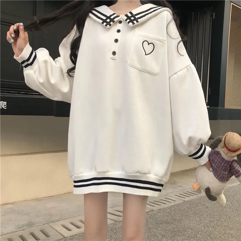 QWEEK Japanischen Sailor Kragen Herz Kawaii Weiß Sweatshirt Hoodies Frauen Navy Herbst 2021 Korean Fashion Nette Tops Alt Kleidung