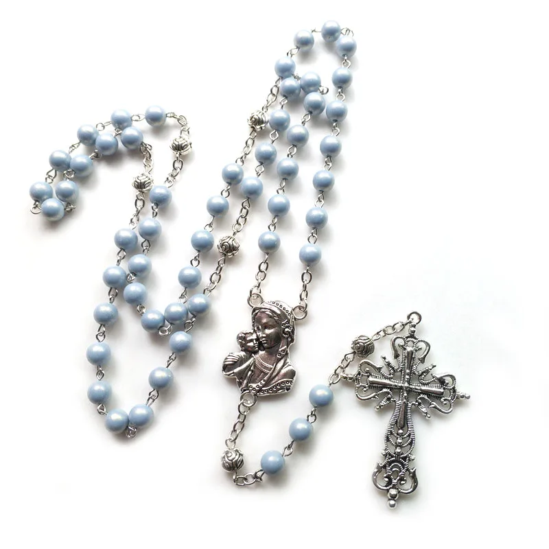 

QIGO Blue Acrylic Vintage Cross Pendant Necklace Long Women Men Virgin Religious Jewelry