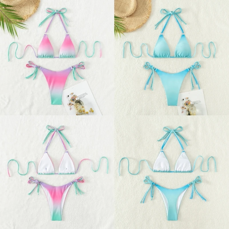 

Womens Colorful Lacing Swimwear Swimsuits Sexy Chest Gathered Swimming Suit Set