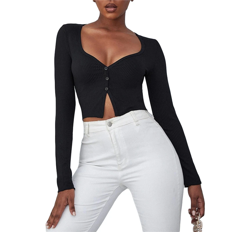 

y2k Shirts Women Basic Clothes Solid Color V Neck Buttons Long Sleeve Crop Top Spring Fall Casual Slim Fit Blouse Streetwear