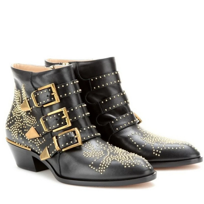 

Punk Style Lace Up Boots Inlaid Metal Decorated Short Boots Biker Boots Pointed Thick Heel Cowhide Buckle Studded Martin Boots