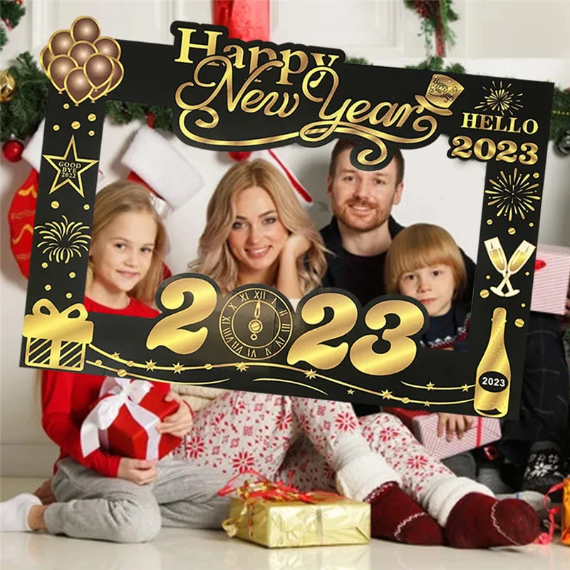 

1Pcs Black Gold Happy New Year 2023 Photo Booth Props Frame New Year Party Kids Adult PhotoBooth Props Merry Christmas Supplies