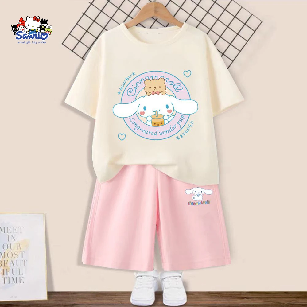 

2Pcs/sets Summer Kuromi Cinnamoroll Children T-Shirt Shorts Lovely Sanrio Anime T Shirt Casual Clothes Girl Boy Sportswear Gifts