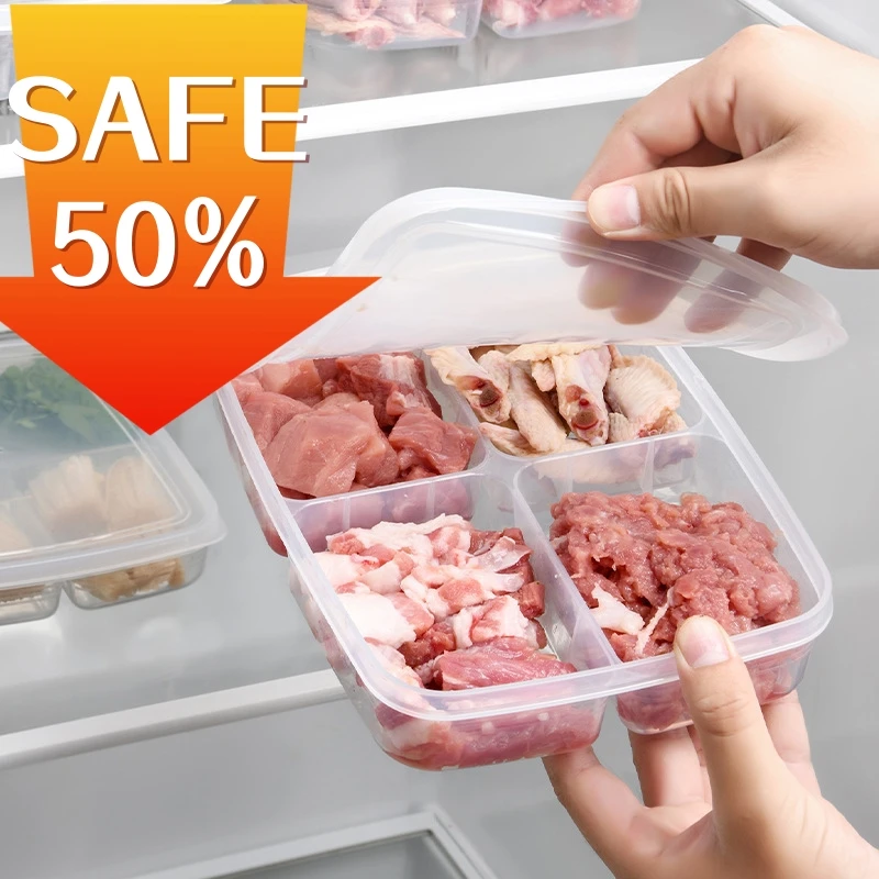 

4 Grids Food kitchen storage artifact refrigerator food preservation box transparent food box compartment sealed storage box