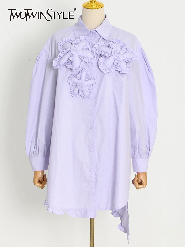 

TWOTWINSTYLE Korean Style Patchwork Floral Shirt For Women Lapel Long Sleeve Solid Button Through Blouse Female Fashion Clothing