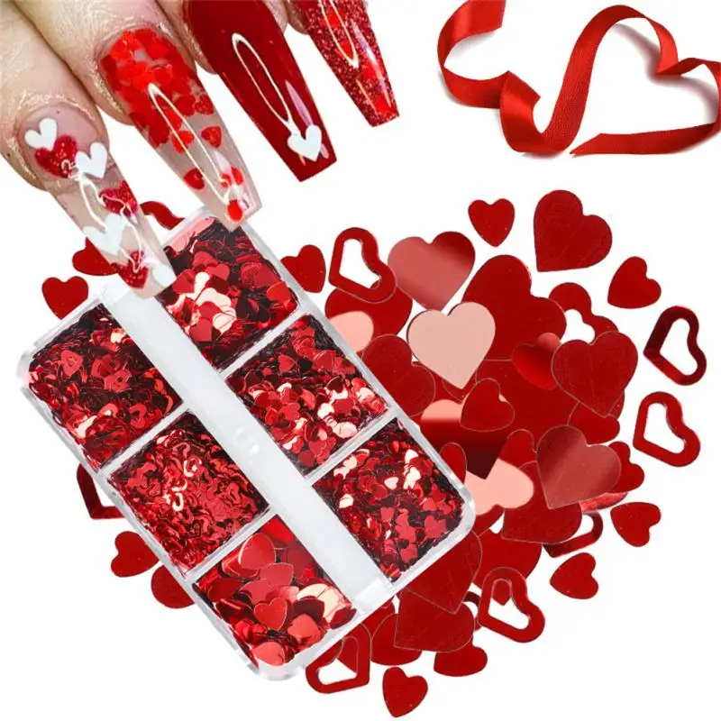 

6 Grids Mixed Love Hearts Nails Sequins Valentines Decoration Red Carved Glitter Flakes For Gel Polish Nail Supplies Accesories