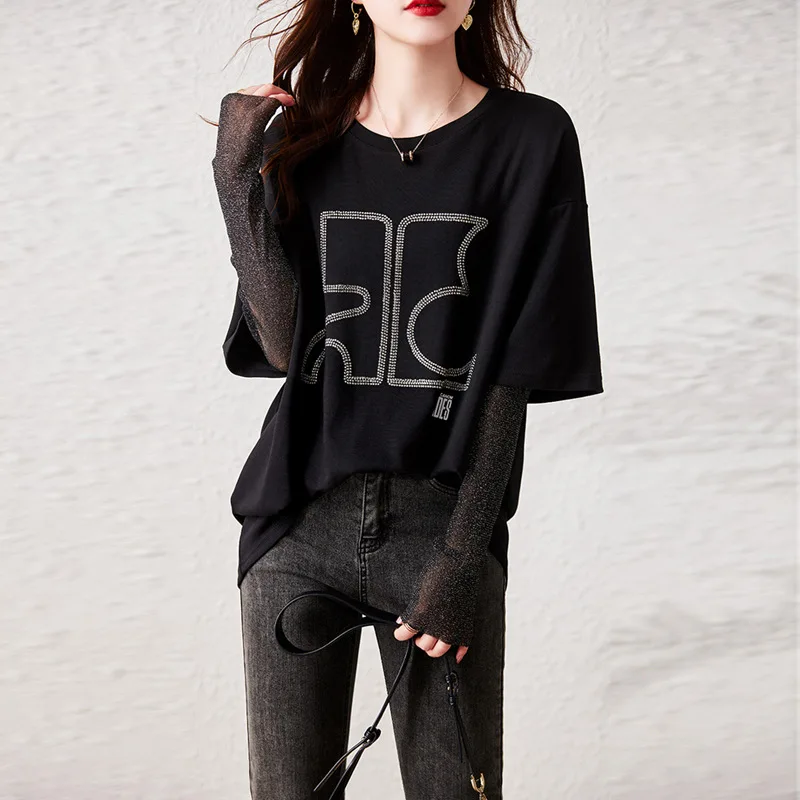 Осень 2023 новая модная сетчатая футболка из двух частей Hot Diamond женская с длинными