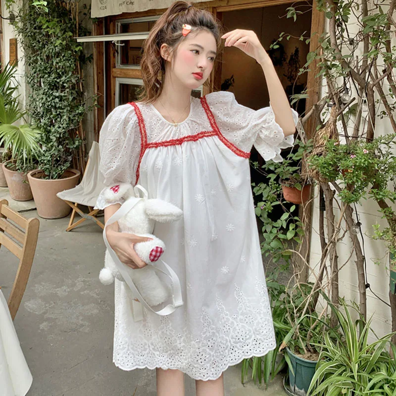 

Платье женское цельнокроеное с пышными рукавами, милое кружевное свободное белое миди-платье с перфорацией и бахромой, в Корейском стиле, на лето