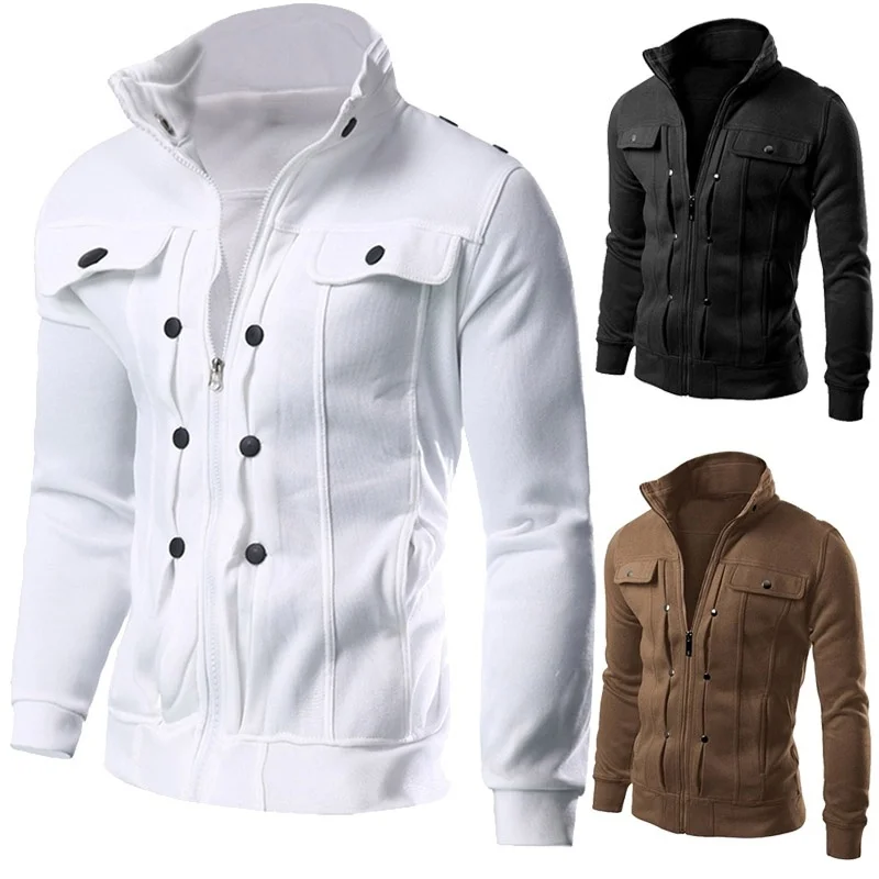 

2021 Autumn Sweater Men's Stand Collar Sweatshirts Cardigan for Male Fleece Inclined Pocket Jacket Sweatshirt