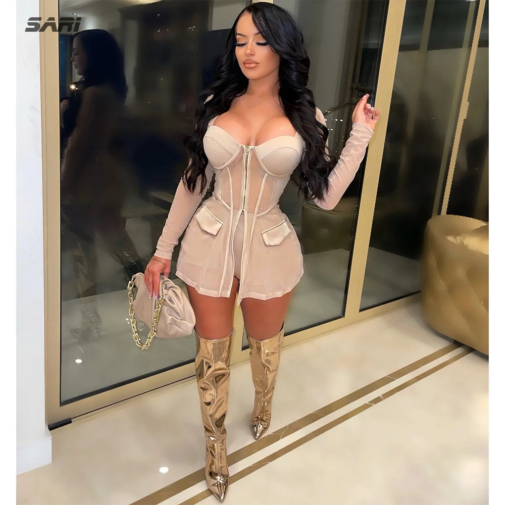 Сексуальный женский костюм летний сетчатый топ средней длины на молнии и шорты