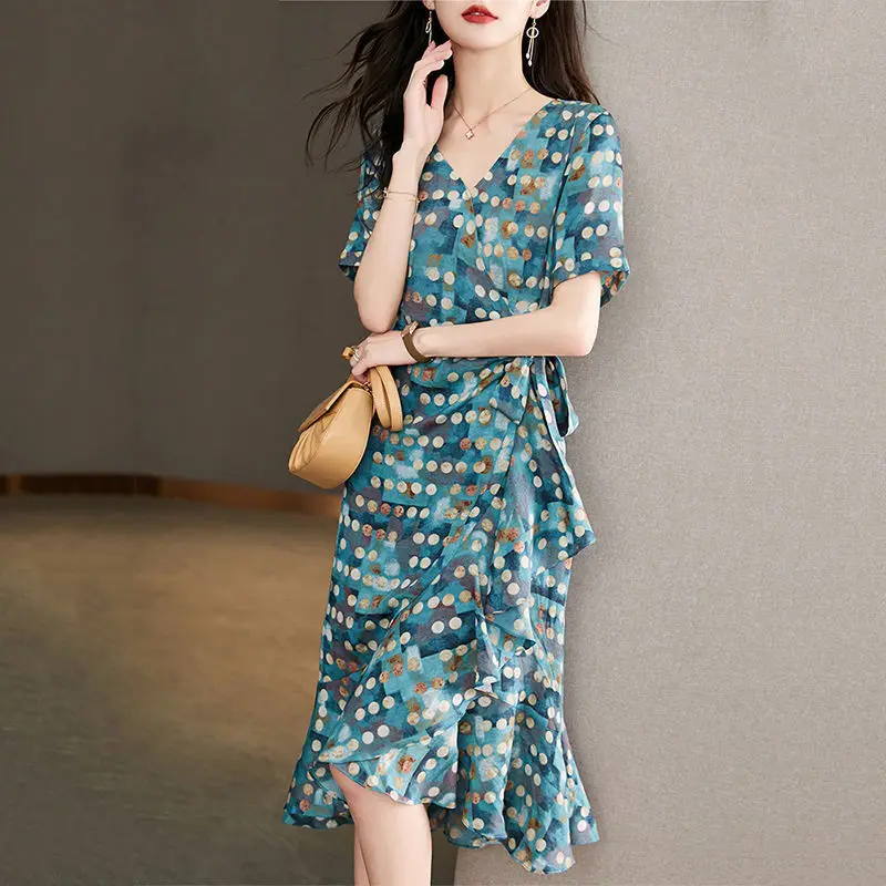 

2022 Summer Women Dress Office Lady V-Neck Flods Belt Slim Dot Print Oversize Loose Knee-Length A-Line Vestidos High Quality