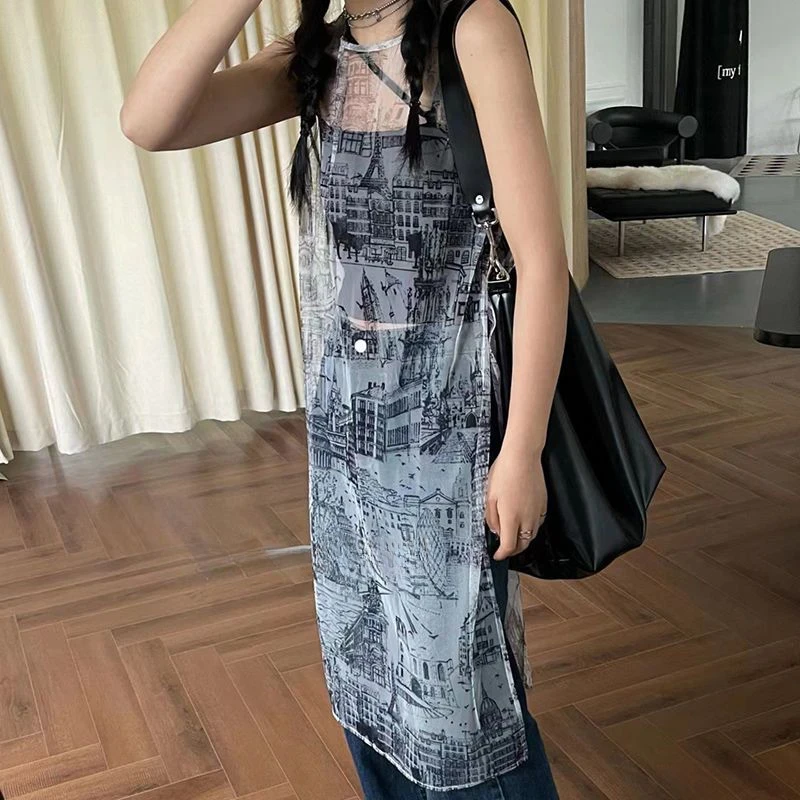 Сетчатое платье миди женская уличная одежда тонкая летняя новая мода милые