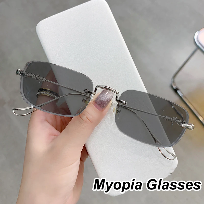 

Luxury Photochromic Myopia Glasses Women Men Computer Rimless Clear Near Sight Eyeglasses Finished Minus Eyewear Diopter To -4.0