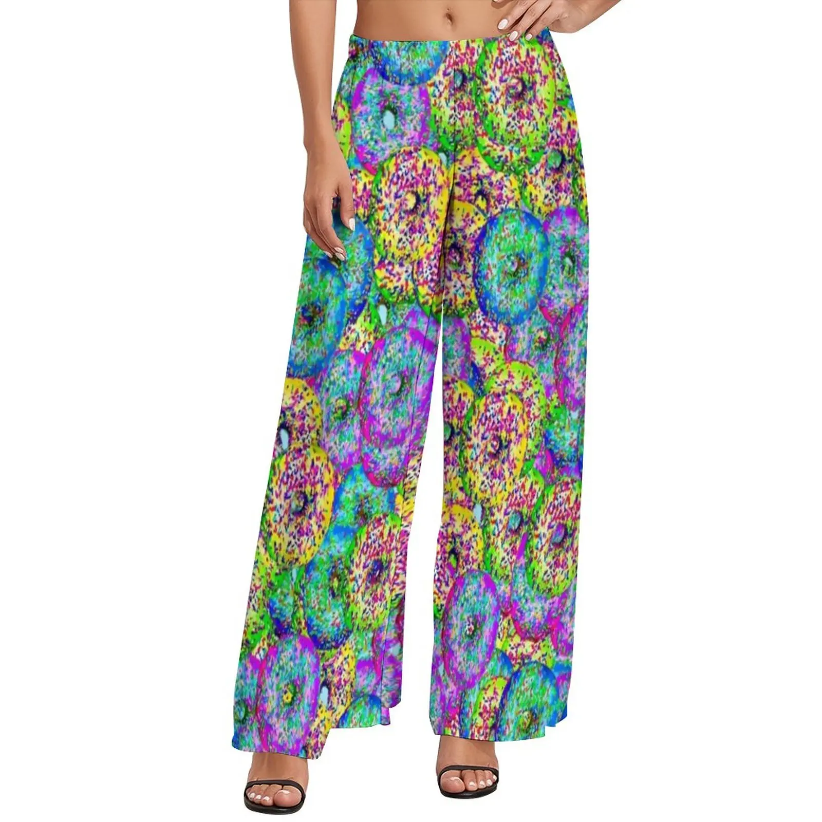 

Abstract Doughnut Art Pants Elastic High Waist Colorful Food Print Sexy Trousers Beach Print Wide Pants