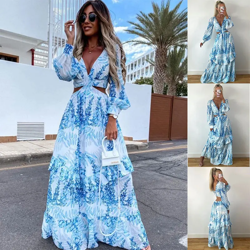 

Женское ажурное платье-макси с рукавами-фонариками, длинное пляжное платье с V-образным вырезом и открытой спиной, в богемном стиле, лето 2022