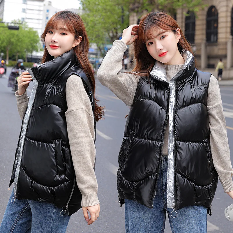 

Пуховая хлопковая жилетка для женщин, новинка осень-зима 2022, облегающий короткий яркий жилет с воротником-стойкой для женщин, пальто для женщин