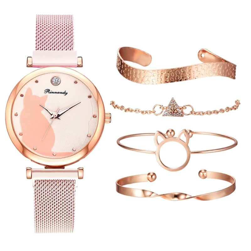 Women Fashion Watch Set 5Pcs Quartz Wristwatch Mesh Bracelet Cat Dial Luxury Women Watch Casual Ladies Clock With Bracelet Set