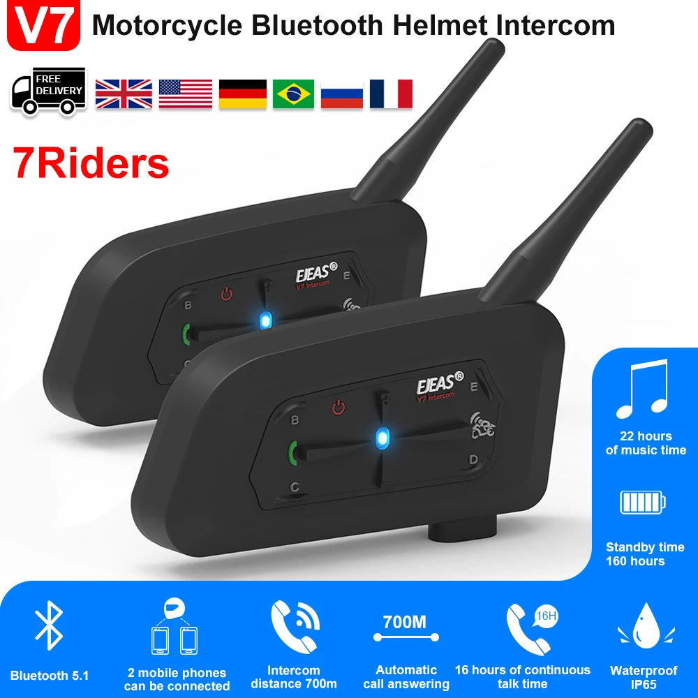 V7 Bluetooth Motorcycle Helmet Headsets Wireless Headphones 700M 7Riders Interphone Noise Reduction Walkie talkie 22H Music Time