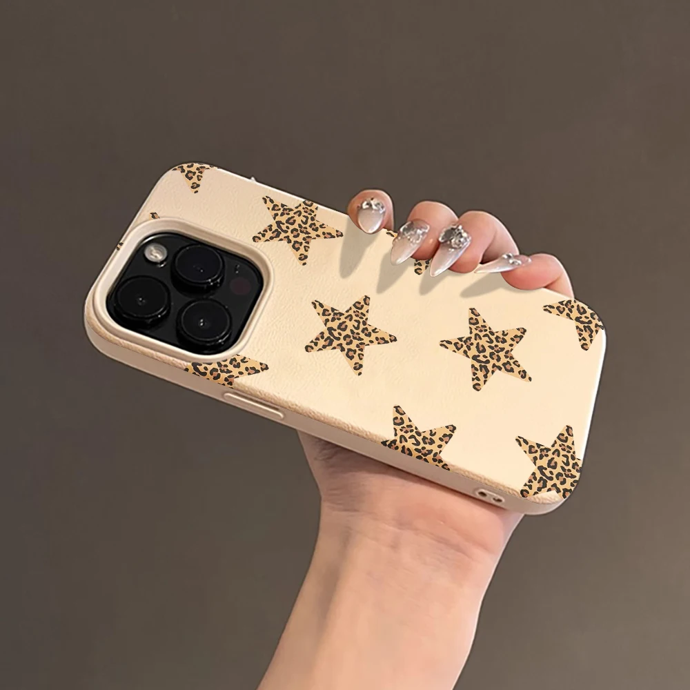 Фото Чехол из кожи личи с принтом дикого леопарда и звездным дизайном для iPhone 17 Air 16 15 14 13 12 11 Pro Max Plus X, стильная защита. №5