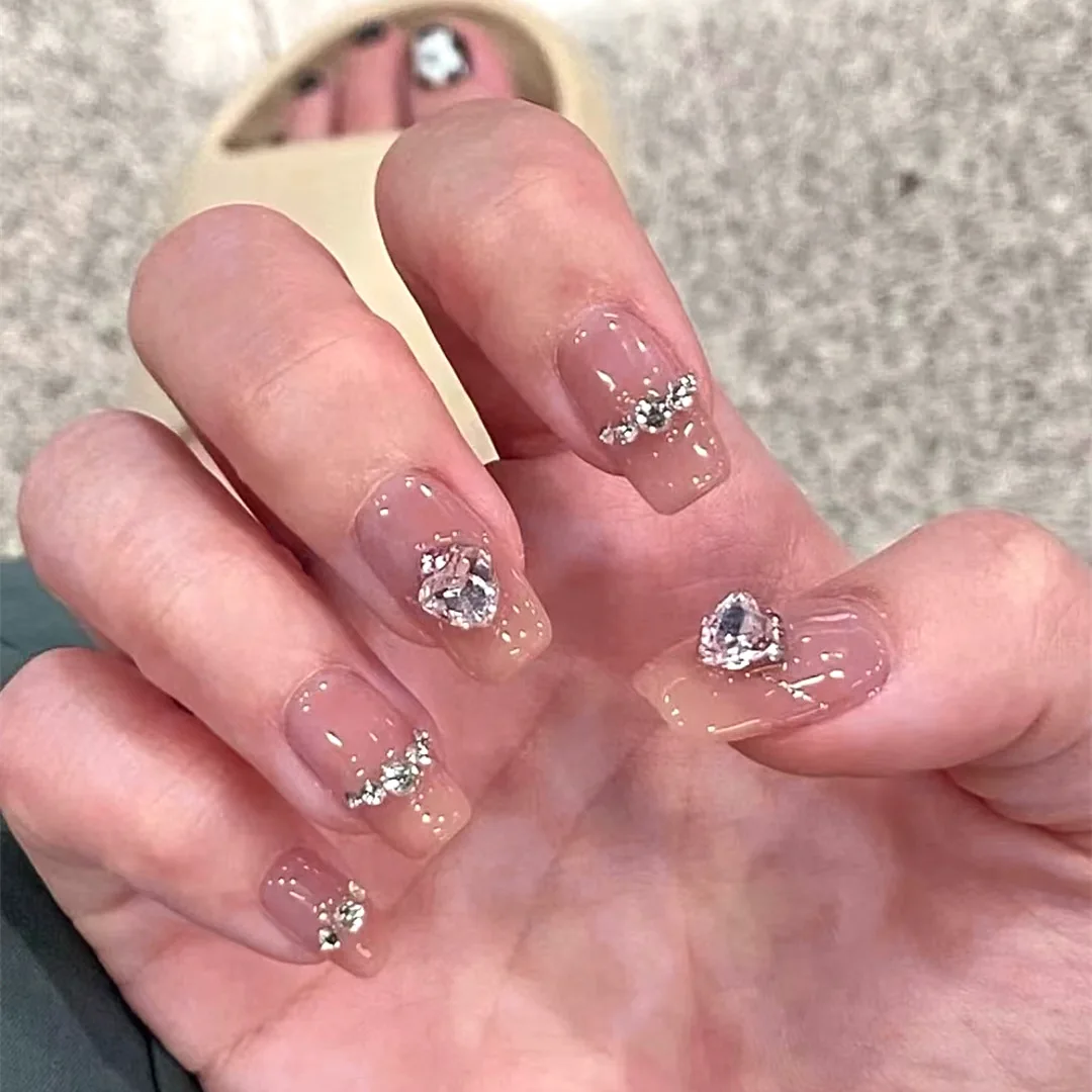 

24Pcs/Set Fashion Long Square Press On Artifical Nails Lovely Nail Art Ballet Heart Rhinestone Design Glitter Full Cover Nails