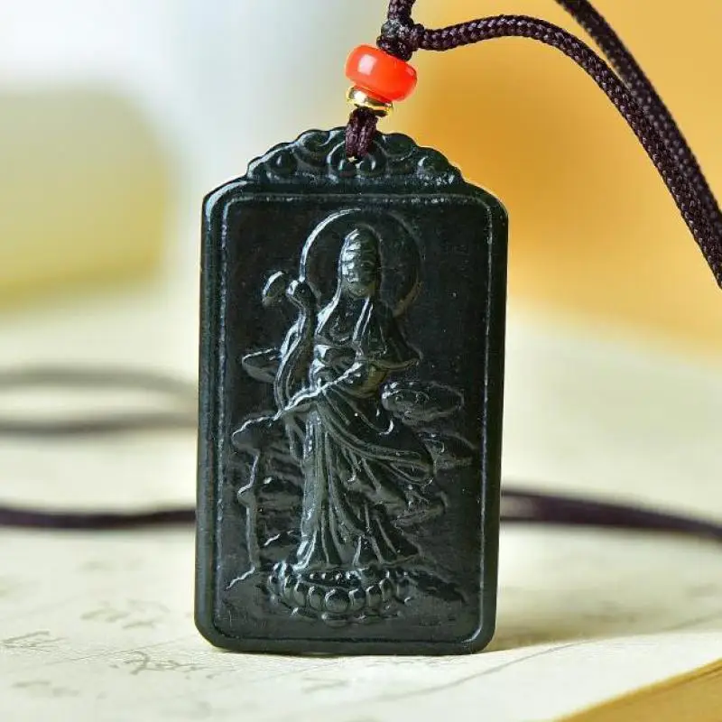

Send Certificate Green Jade Guanyin Pendant Necklace Men Women Lucky Amulet Hand-carved Guan Yin Feng Shui Charms Jewellery Gift
