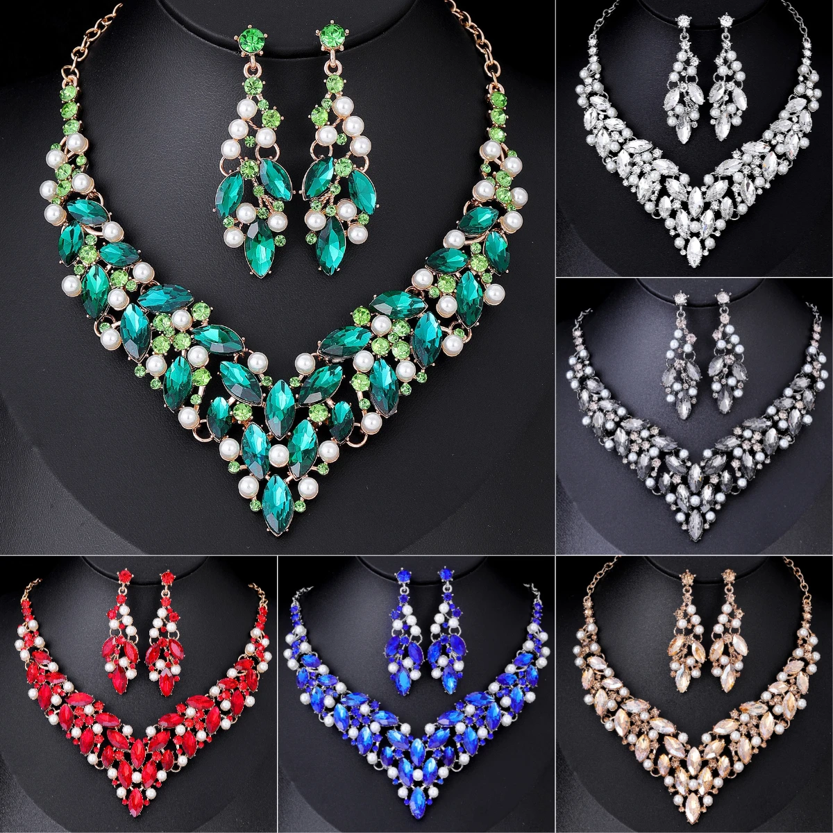 Роскошные жемчужные серьги набор ожерелий сверкающие хрустальные ожерелья