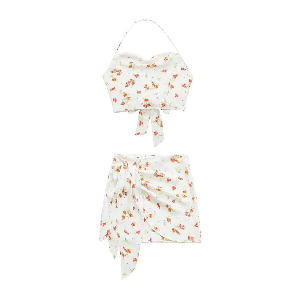

Women's New Fashion Printing Hang Neck Suspender Temperament Short Chic Female Retro Top High Waist Mini Skirt Two-piece Set