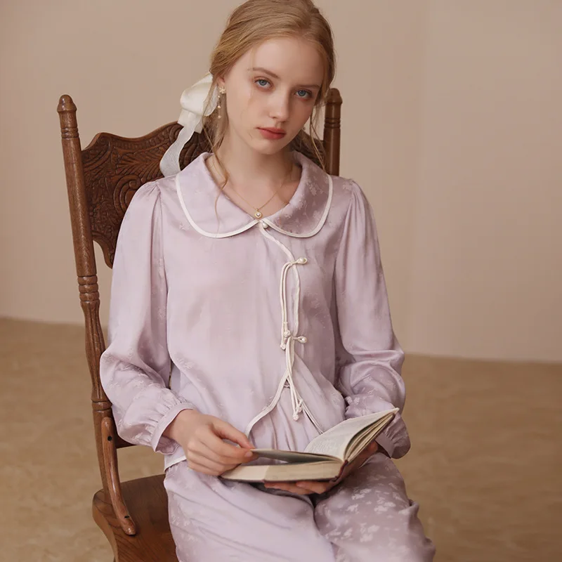 Long Sleeve Sweet Princess Set Thin Simple Loose Comfortable Loungewear Women's Silk Pajamas women pajamas set