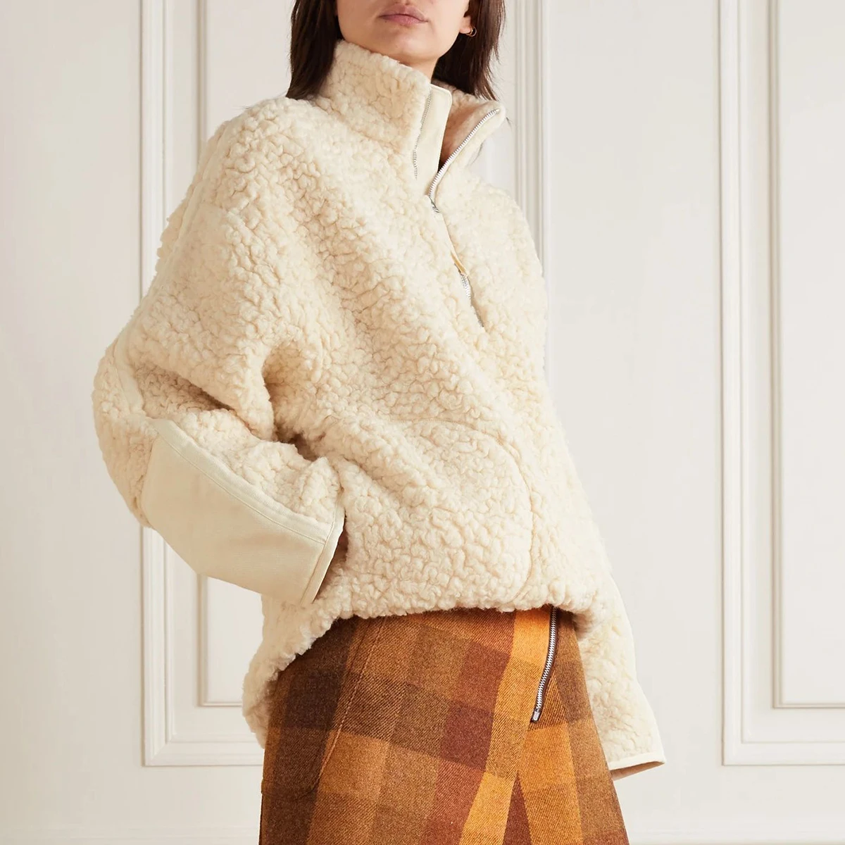 

Patchwork Thick Lambswool Sweatshirts Woman Turn Down Collar Pockets Zipper Pullovers Female Casual Vintage Hoodies Tops 2022