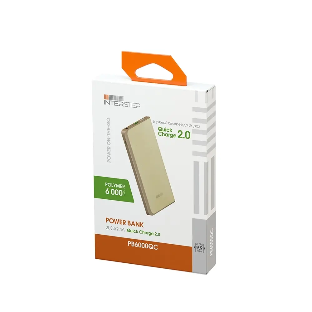Внешний аккумулятор INTERSTEP PB6000QC 6000мАч быстрый заряд 2USB для смартфонов планшетов