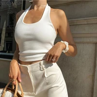 white halter sexy backless tank tops for women streetwear 2021 sleeveless ribbed knit vest top cropped feminino