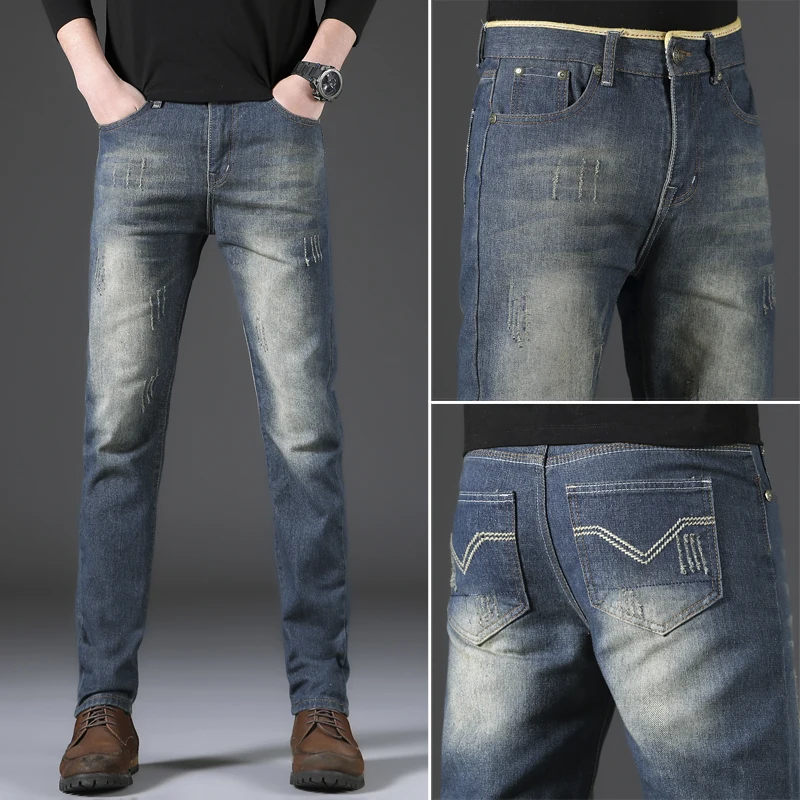 

2023 Spring and Autumn New Fashion Solid Color Elastic Blue Small Foot Pants Men's Casual Slim Comfortable High-Quality Jeans