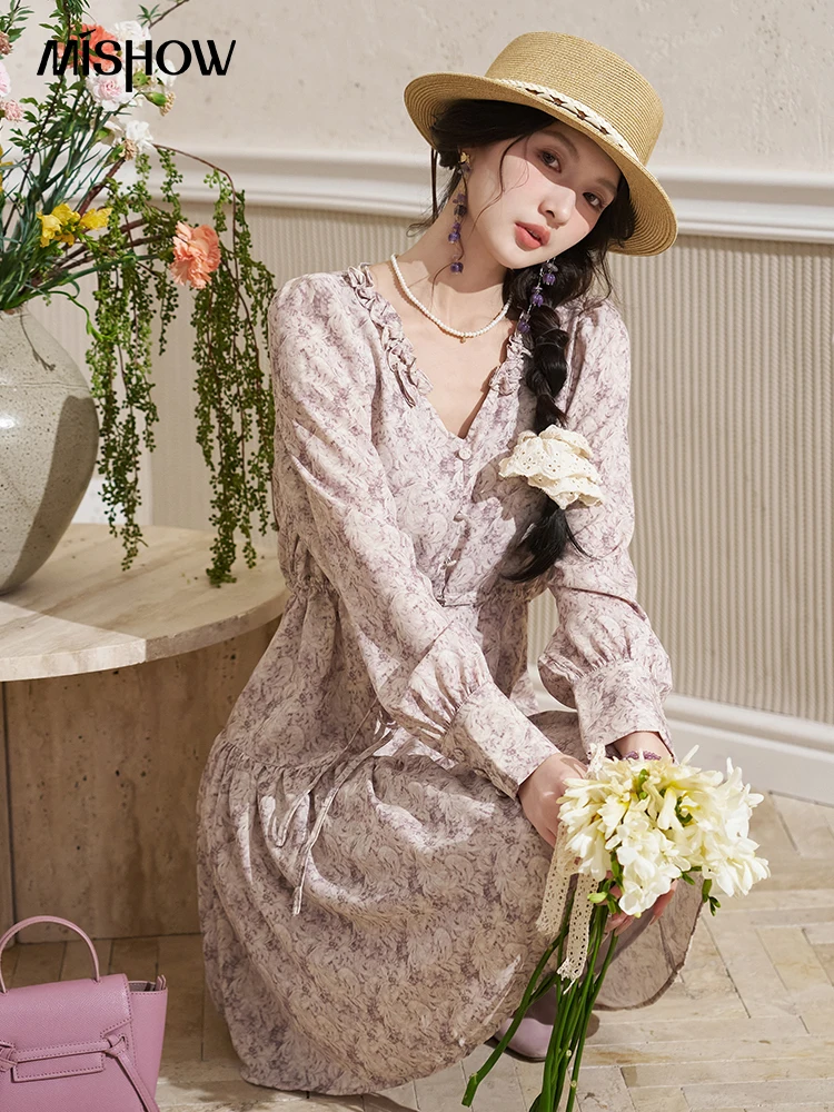 MISHOW платье с v-образным вырезом и длинными рукавами цветочным принтом для женщин